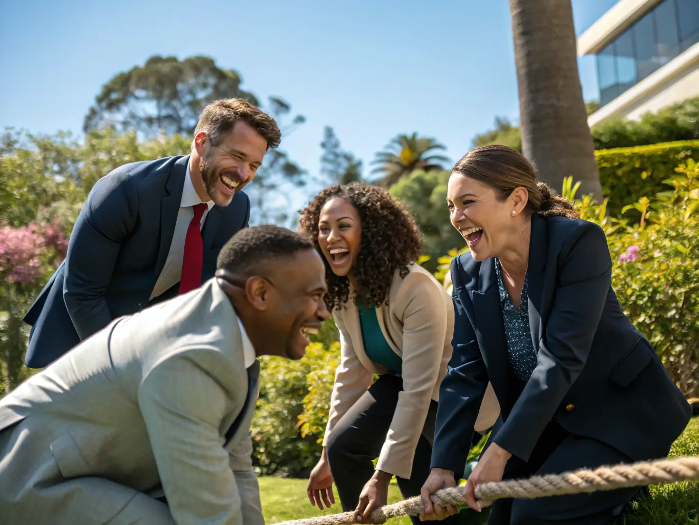 A group of people participating in a team-building exercise outdoors, smiling and collaborating, symbolizing the practical application of leadership skills in a real-world setting.