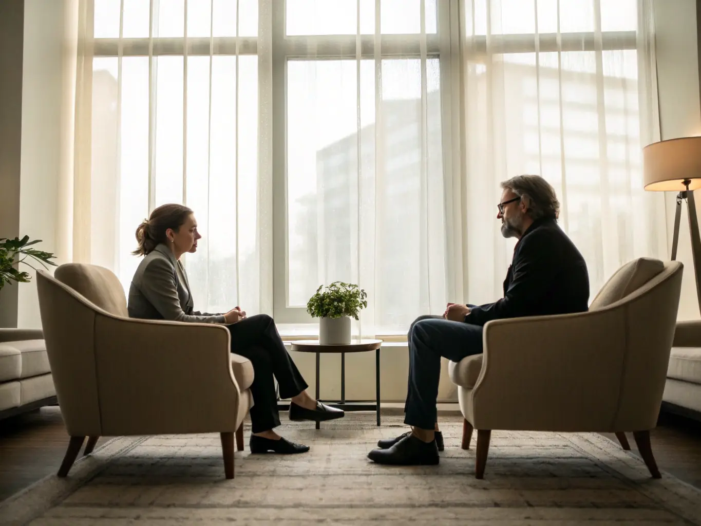 A coach guiding a client through a reflective session, with visual cues of navigation and personal growth, representing the personalized journey of leadership coaching.