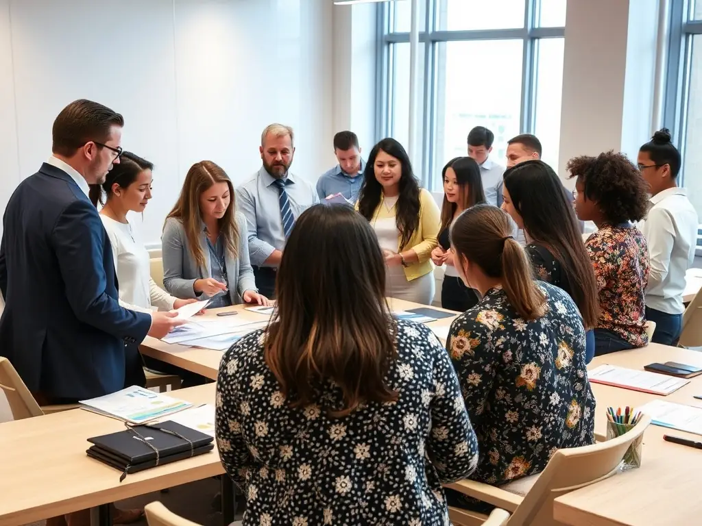 An inspiring image of a diverse group of professionals engaged in a dynamic leadership workshop, with visual metaphors of ships and navigation, symbolizing the journey of leadership development.
